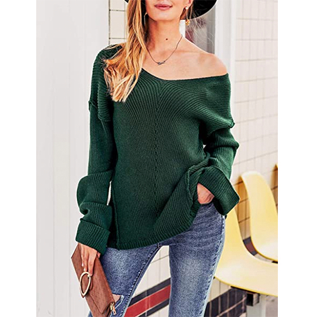 Glamaker Women's Oversized V-Neck Off Shoulder Sweater (Dark Green)