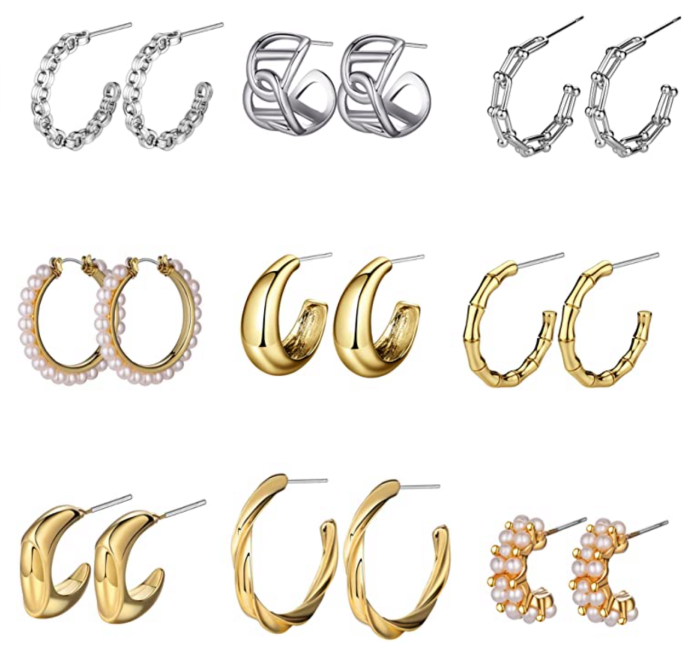 Aganippe 9 Pairs Hypoallergenic Thick Gold/Silver Open Hoop Earrings