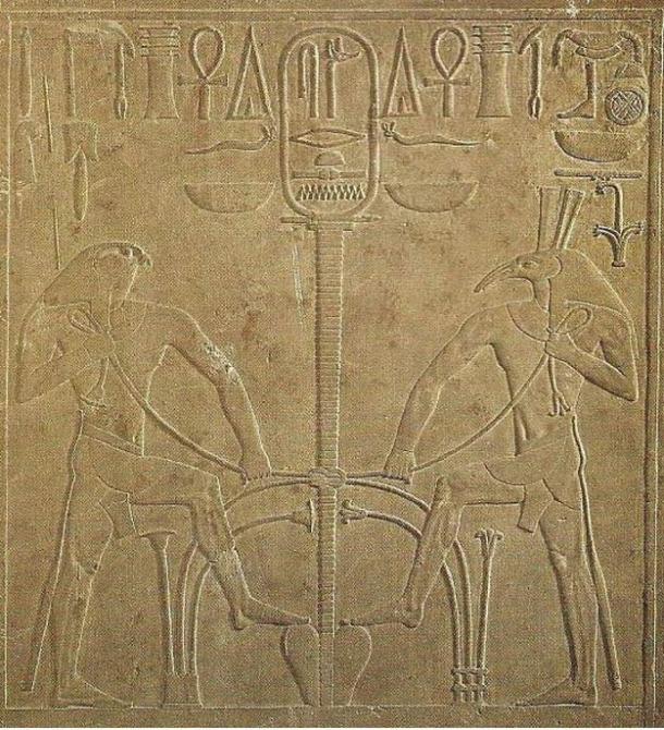 Tablet depicting Horus and Seth and the meeting of the two lands