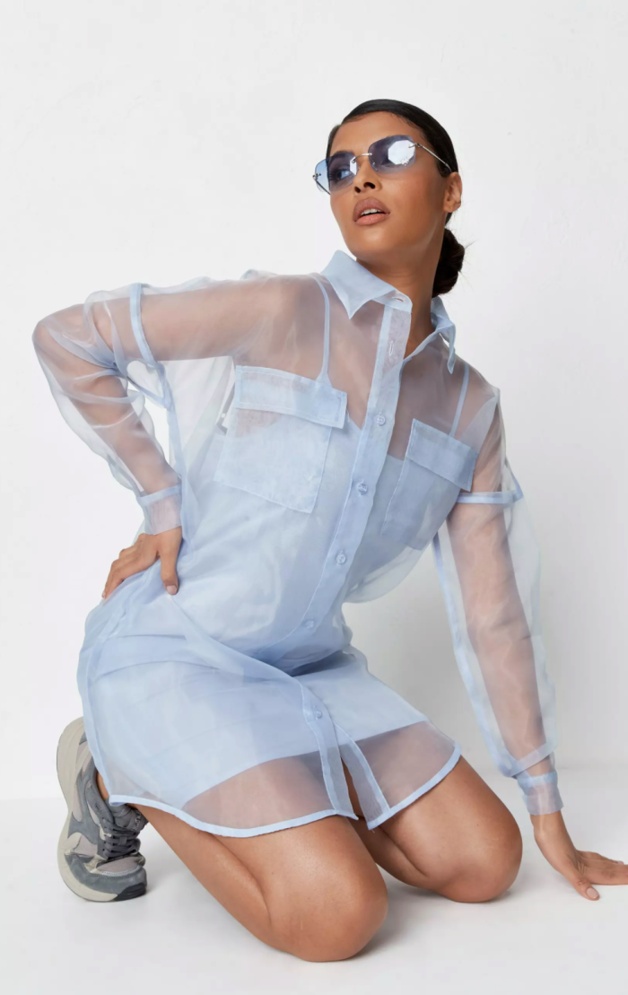 blue organza oversized shirt dress