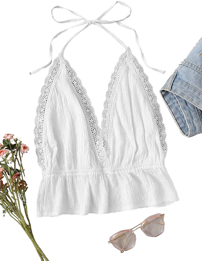 SweatyRocks Deep V Neck Halter Crop Cami Top
