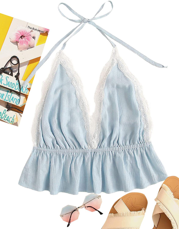 SweatyRocks Deep V Neck Halter Crop Cami Top