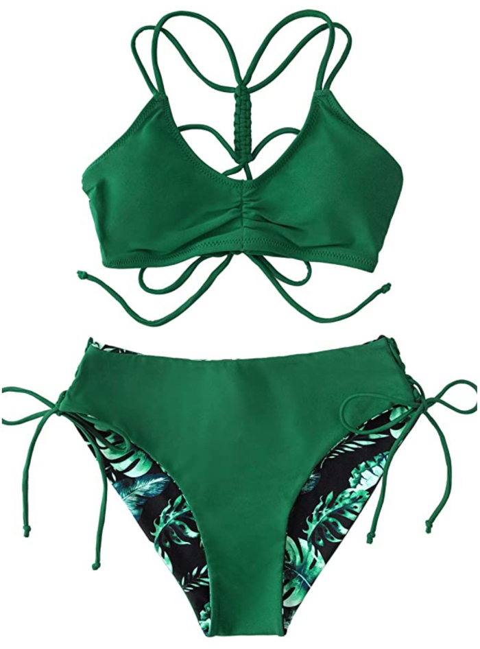 CUPSHE Women's Back Braided Straps Reversible Bottom Strappy Lace Up Bikini Set