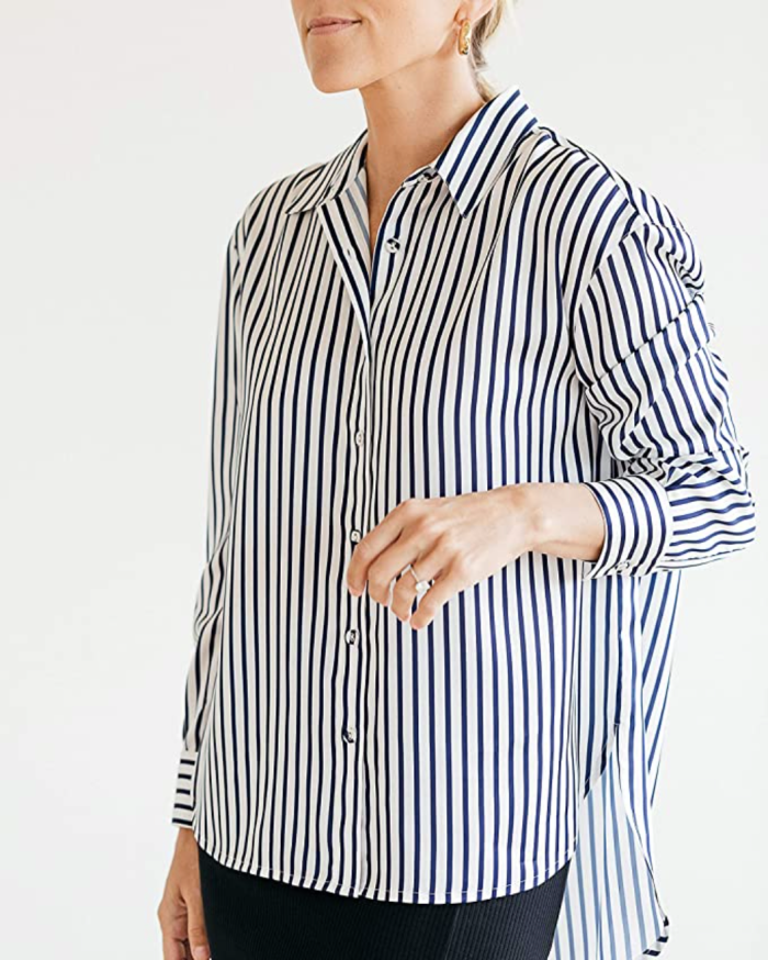 The Drop Women's Navy and White Stripes High-Low Button-Down Shirt by @jaceyduprie