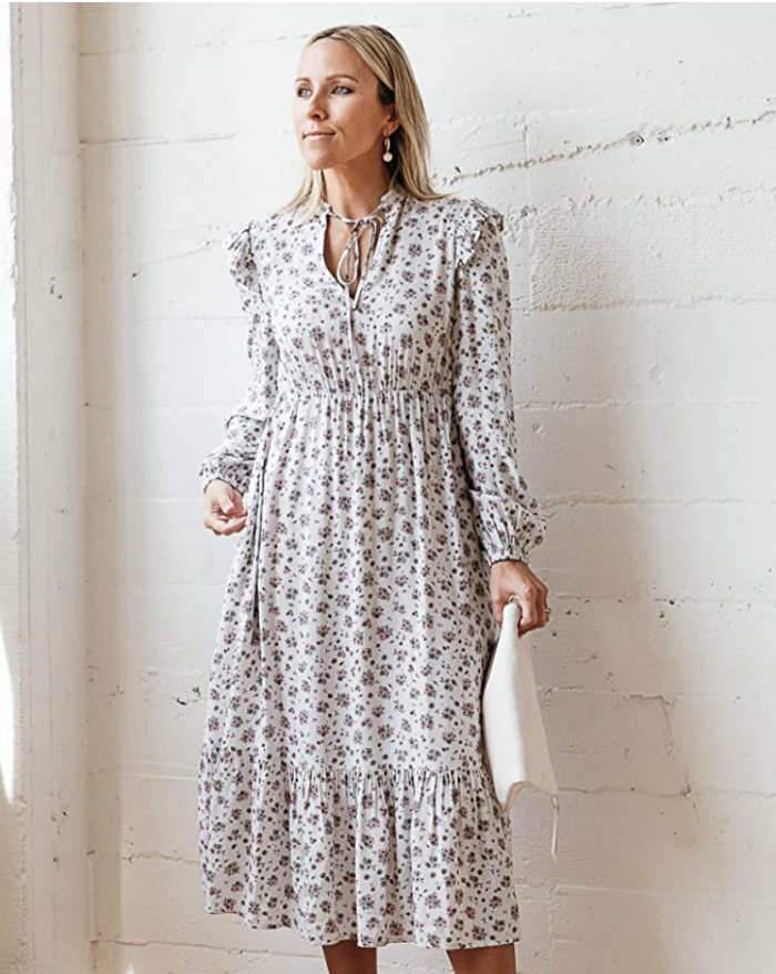 The Drop Women's Dawn Blue Floral Print Neck-Tie Lined Midi Dress by @jaceyduprie