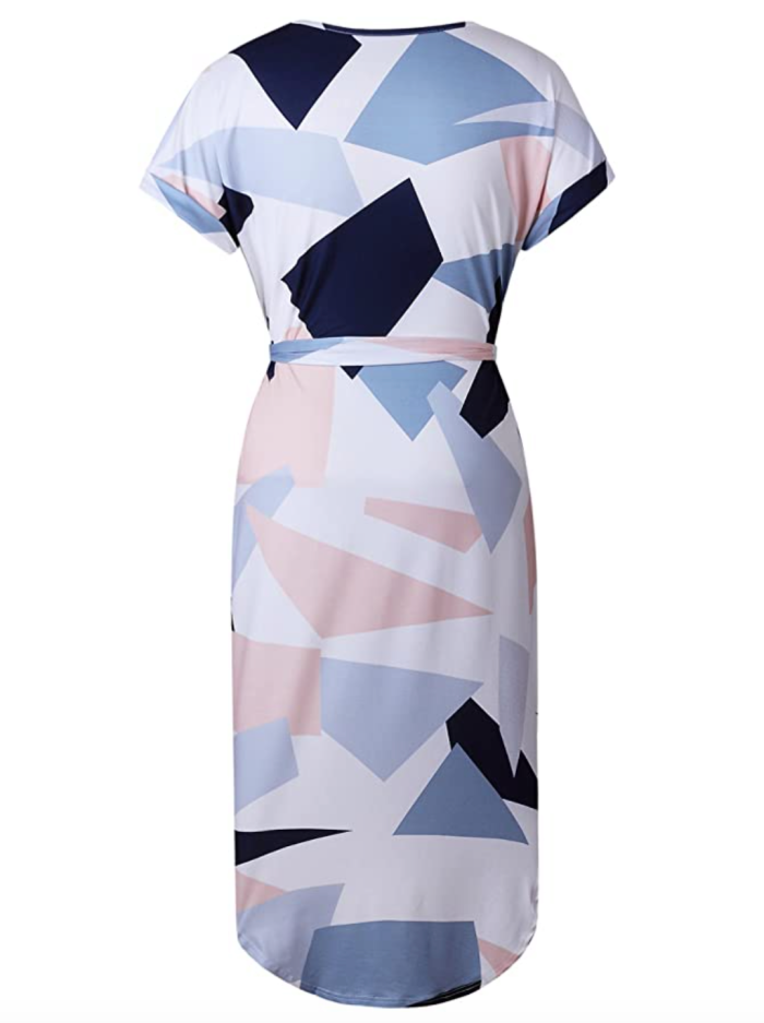 ECOWISH Women's Summer Casual V-Neck Geometric Pattern Belted Dress