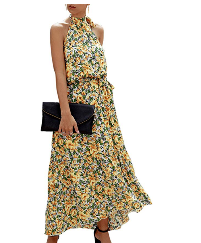 PRETTYGARDEN Women’s Casual Halter Neck Sleeveless Maxi Dress (Yellow)
