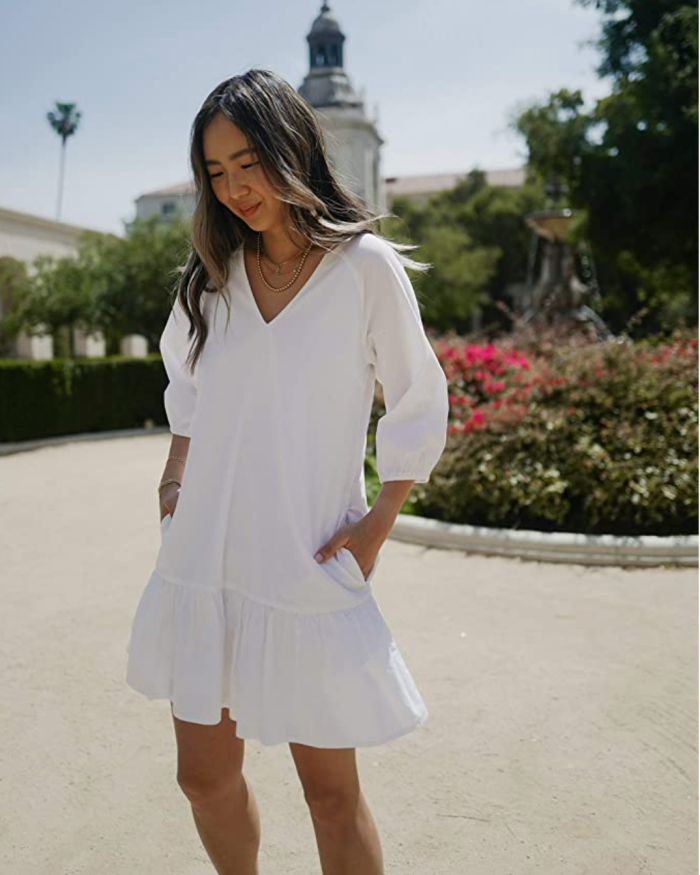 The Drop Women's Bright White Balloon-Sleeve Tiered Mini Dress by @spreadfashion