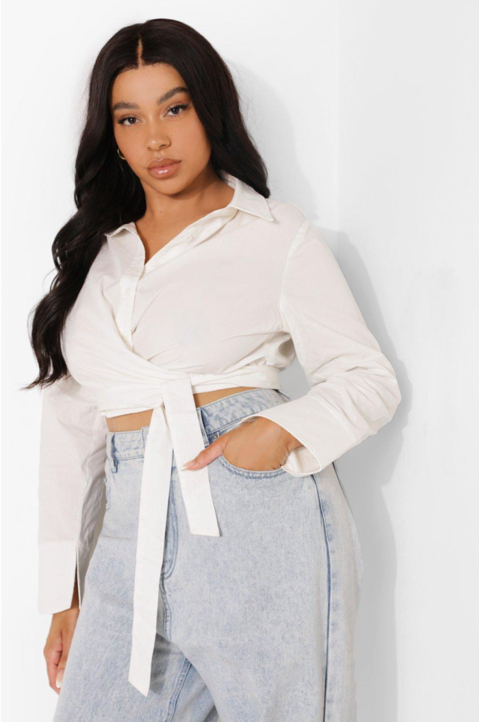 Plus Satin Belt Crop Shirt