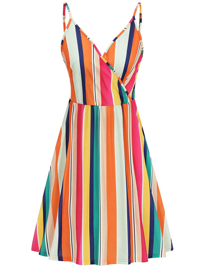 Newshows Women's Summer Spaghetti Strap Sleeveless V-Neck Casual Swing Sundress with Pockets