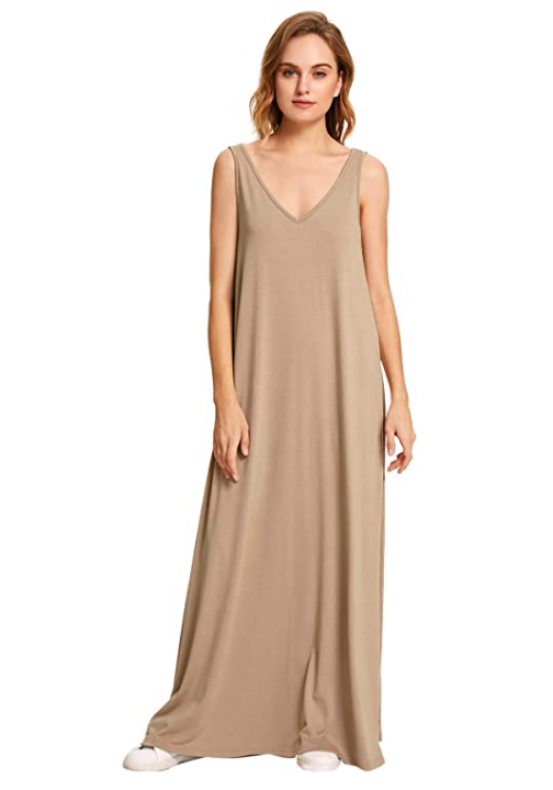 Verdusa Women's Casual Sleeveless Deep V Neck Summer Beach Maxi Dress (Khaki)
