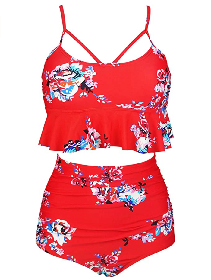 COCOSHIP Women's Retro Boho Flounce Falbala High Waist Bikini Set