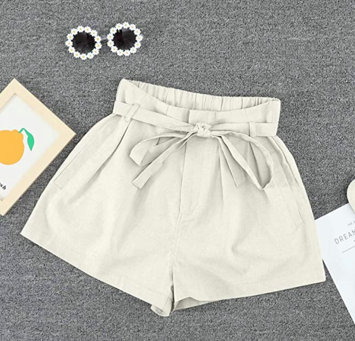 Paitluc Women's Elastic Waist Side Pockets Ruffle Linen Shorts