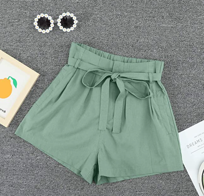 Paitluc Women's Elastic Waist Side Pockets Ruffle Linen Shorts