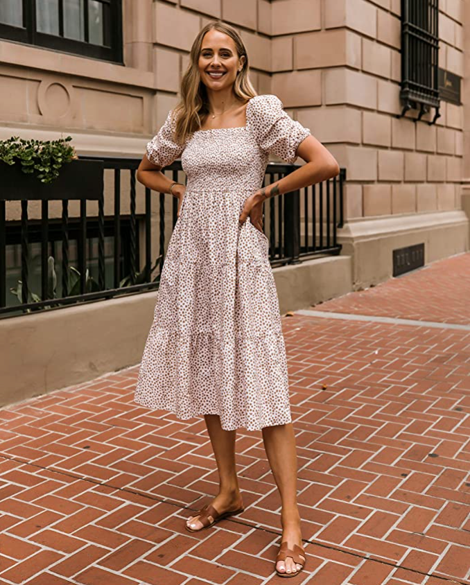 The Drop Women's White/Praline Dot Print Smocked Balloon Sleeve Tiered Midi Dress by @fashion_jackson