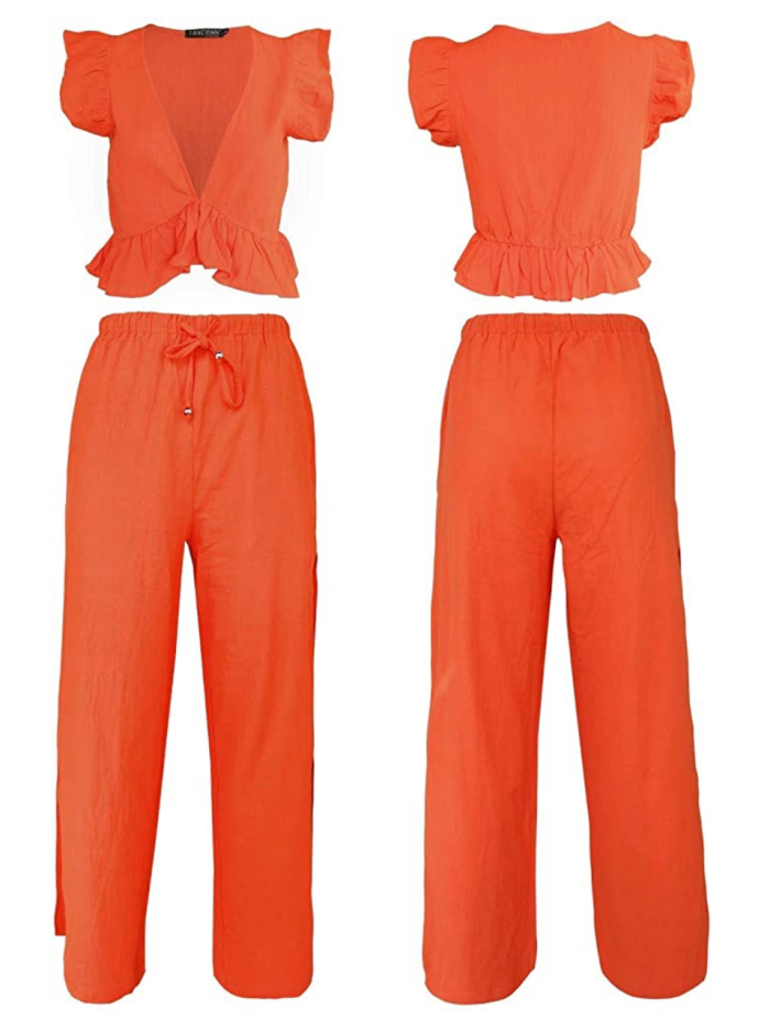 FANCYINN Women's 2 Piece Crop Top Side Slit Drawstring Wide Leg Pants Set