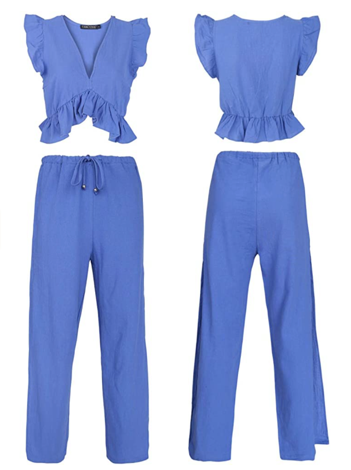 FANCYINN Women's 2 Piece Crop Top Side Slit Drawstring Wide Leg Pants Set