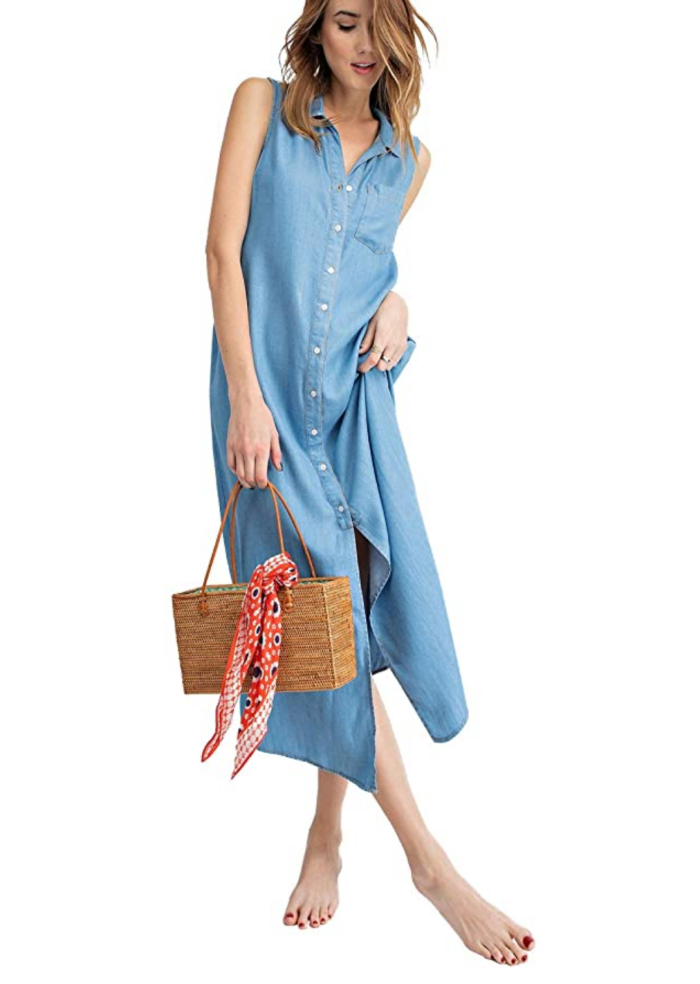 Anna-Kaci Classic Sleeveless Button Down Denim Shirt Dress