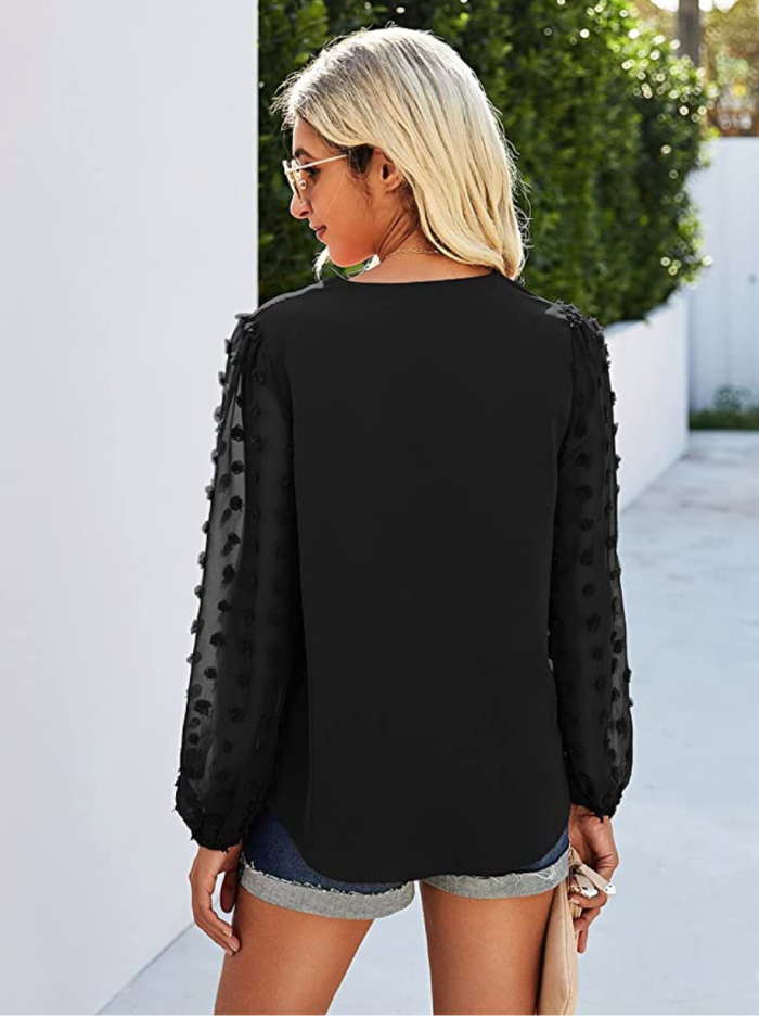 Anna-Kaci Women's Chiffon V Neck Pom Pom Blouse