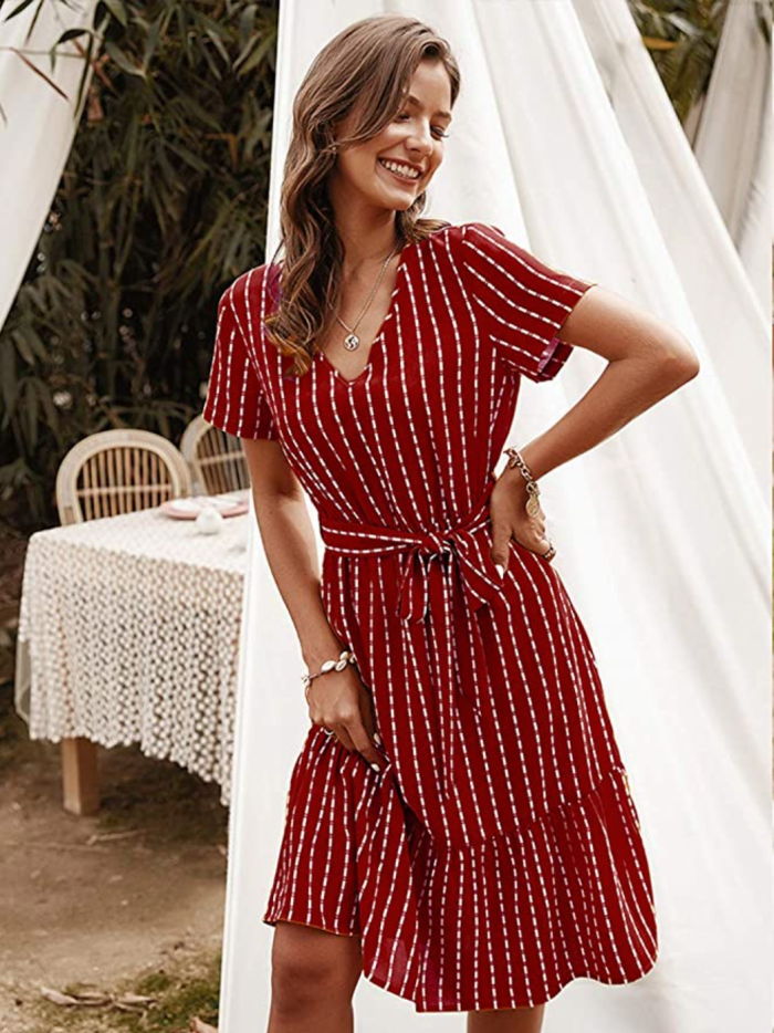 Anna-Kaci Women's Vertical Striped Short Sleeve Swing Dress