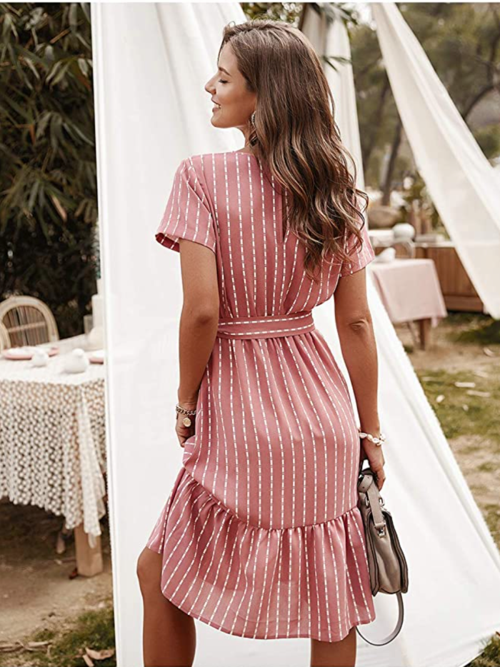 Anna-Kaci Women's Vertical Striped Short Sleeve Swing Dress