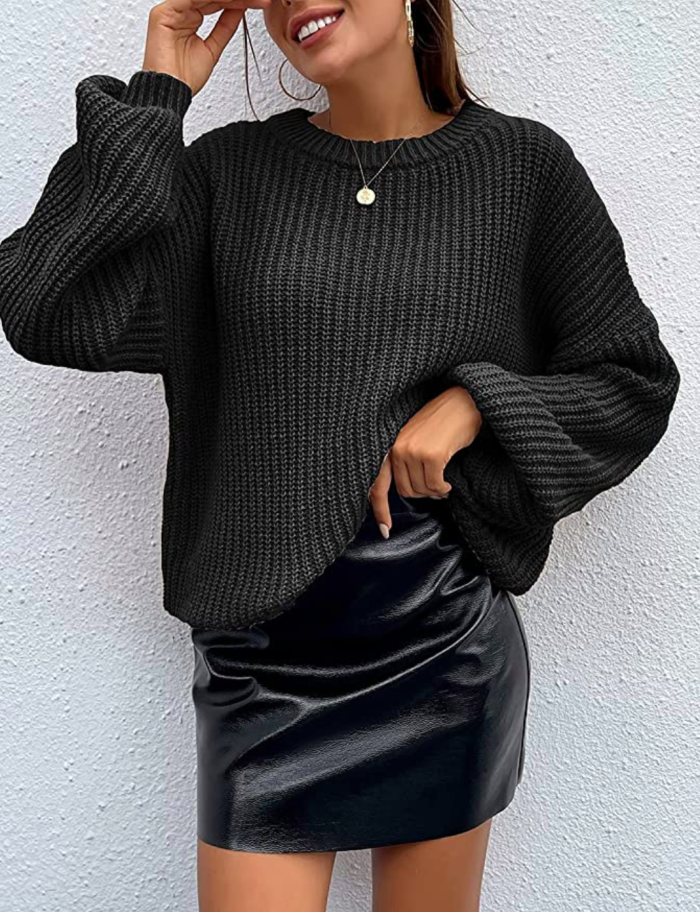 PRETTYGARDEN Women's Crew Neck Loose Drop Shoulder Lantern Sleeve Sweater
