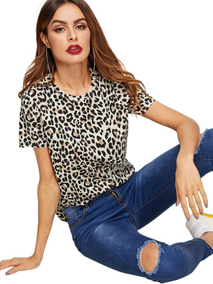 SweatyRocks Women's Leopard Print Short Sleeve Round Neck T-Shirt