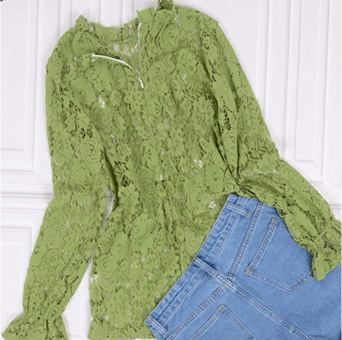 Anna-Kaci Women's Long Bell Sleeve Sheer Floral Lace Blouse