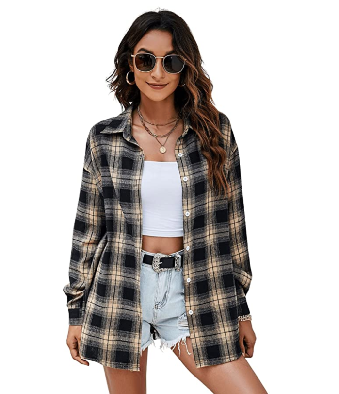SweatyRocks Women's Long Sleeve Collar Long Button Down Plaid Shirt