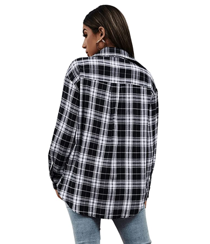 SweatyRocks Women's Long Sleeve Collar Long Button Down Plaid Shirt