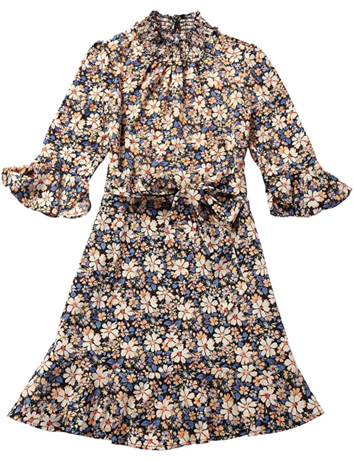 Allegra K Women's Floral 3/4 Bell Sleeve Smocked Belted Ruffle Dress