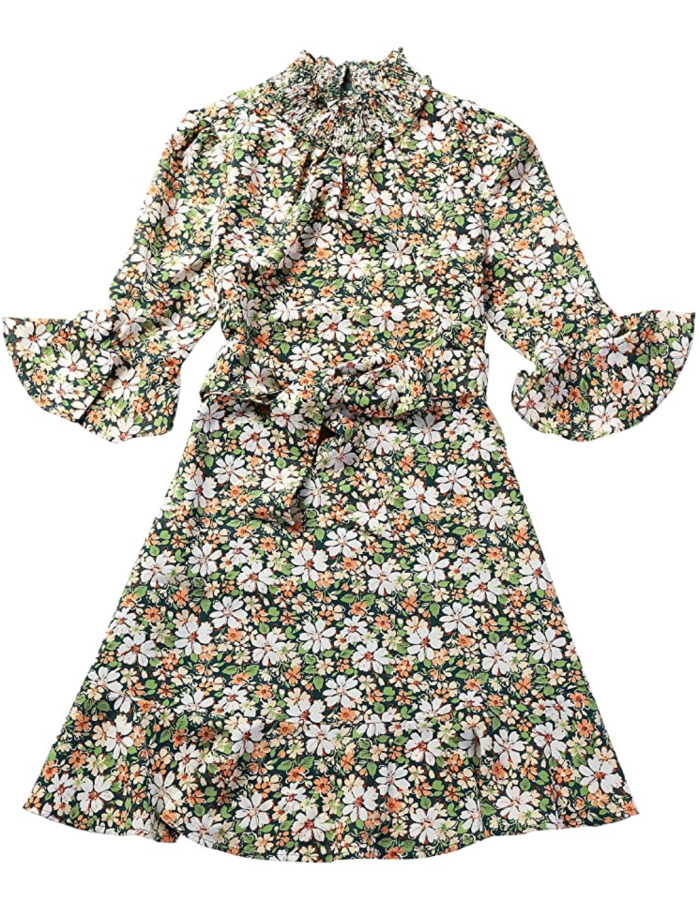 Allegra K Women's Floral 3/4 Bell Sleeve Smocked Belted Ruffle Dress