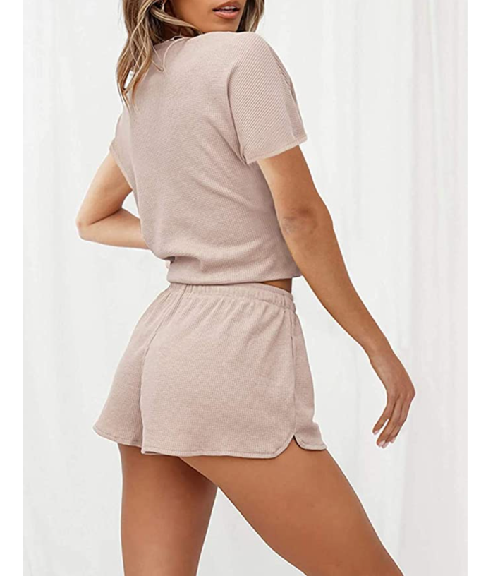 MEROKEETY Women's Short Sleeve Waffle Pajama Set