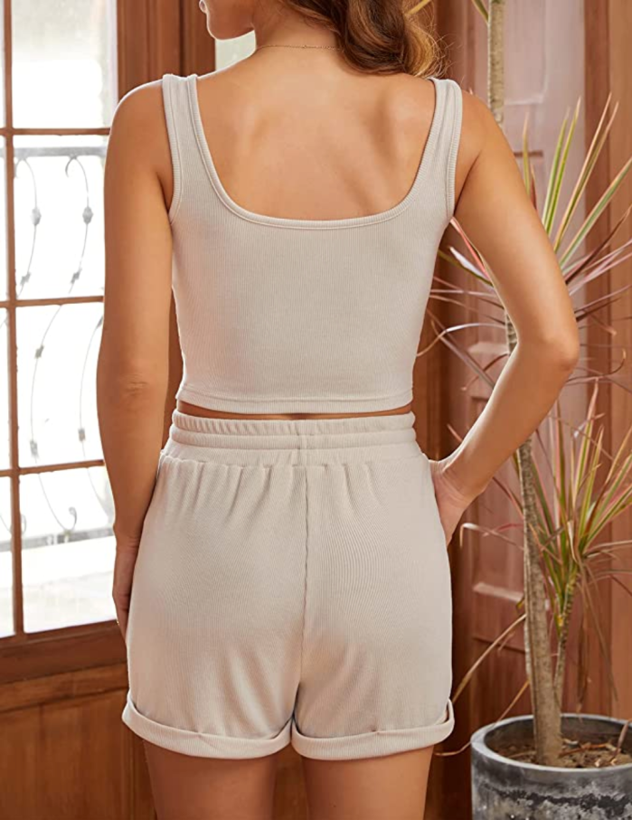 MEROKEETY Women's Ribbed Crop Top and Shorts Pajama Set