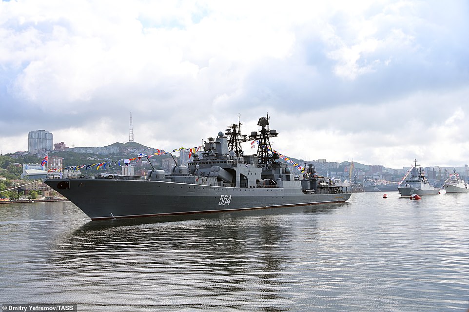 The Russian destroyer Admiral Tributs pictured in Zolotoy Rog, or the Golden Horn Bay, during a parade in the Sea of Japan