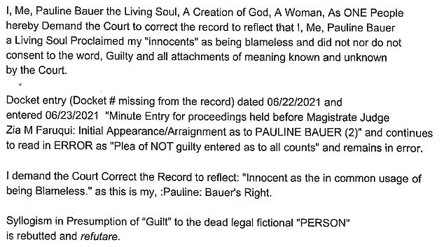 Earlier this year, Bauer filed court documents that she claimed freed her from government control