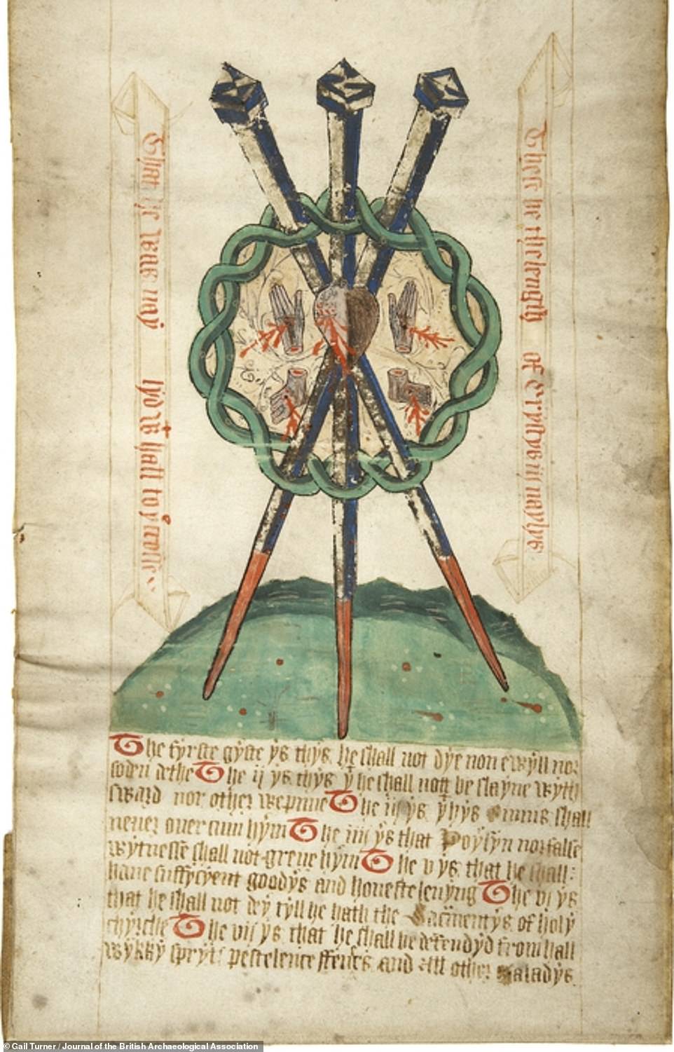 Other images of the roll include three nails stabbing through a heart, with hands to the side that also have stab wounds on the palm. The manuscript also describes Catholic practices before Henry VIII's break with Rome and the Protestant reformation 500 years ago