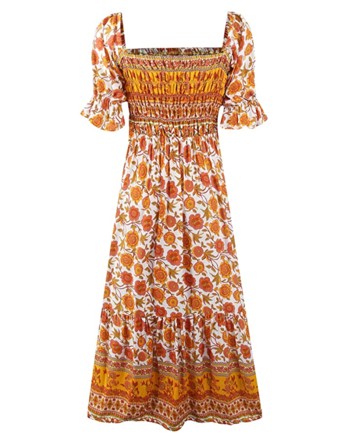 UIMLK Women's Square Neck Floral Midi Boho Dress