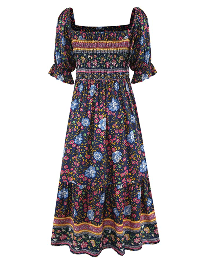 UIMLK Women's Square Neck Floral Midi Boho Dress