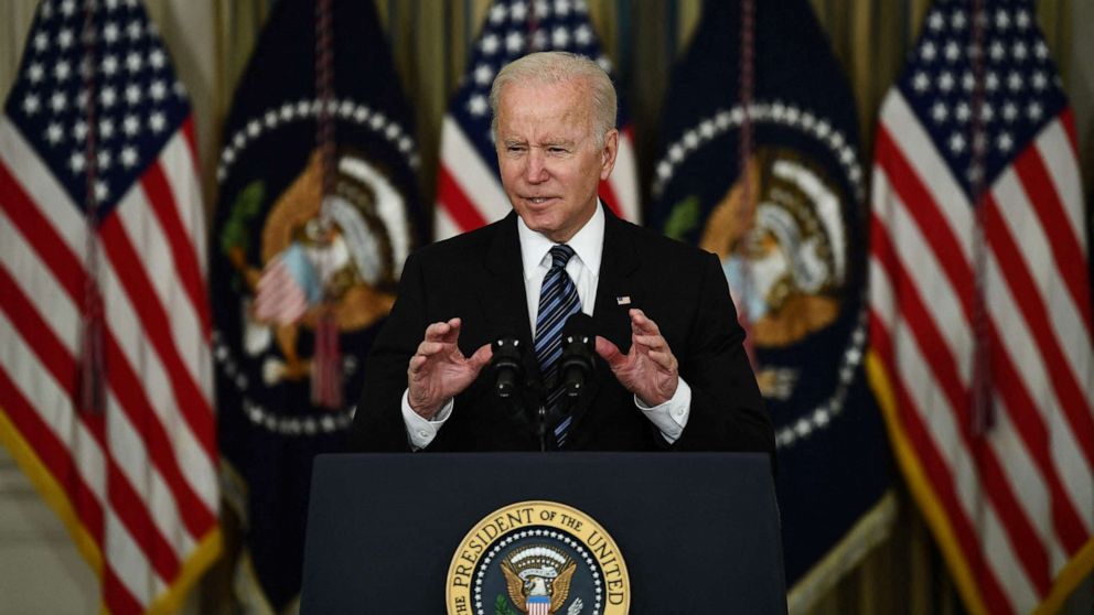 PHOTO: President Joe Biden delivers remarks on the October jobs report from the State Dining Room of the White House in Washington, D.C on Nov. 5, 2021.