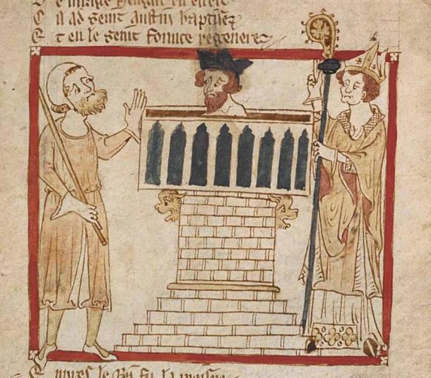 Penda of Mercia was the last Mercian king to die a non-Christian, while most Anglo-Saxon kings converted to Christianity. The image shows &AElig;thelberht, who was King of Kent from 589 to 616 AD, being baptized by Augustine of Canterbury. (Public domain)