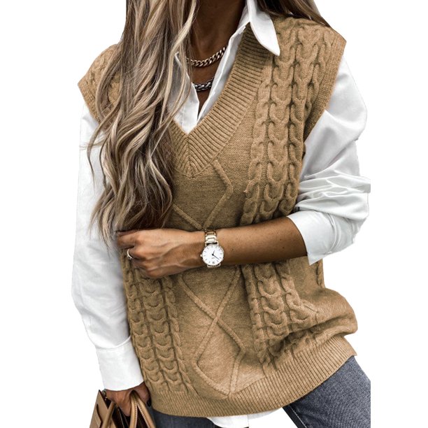 Dokotoo Womens Khaki Sleeveless Knitted Sweater Vest