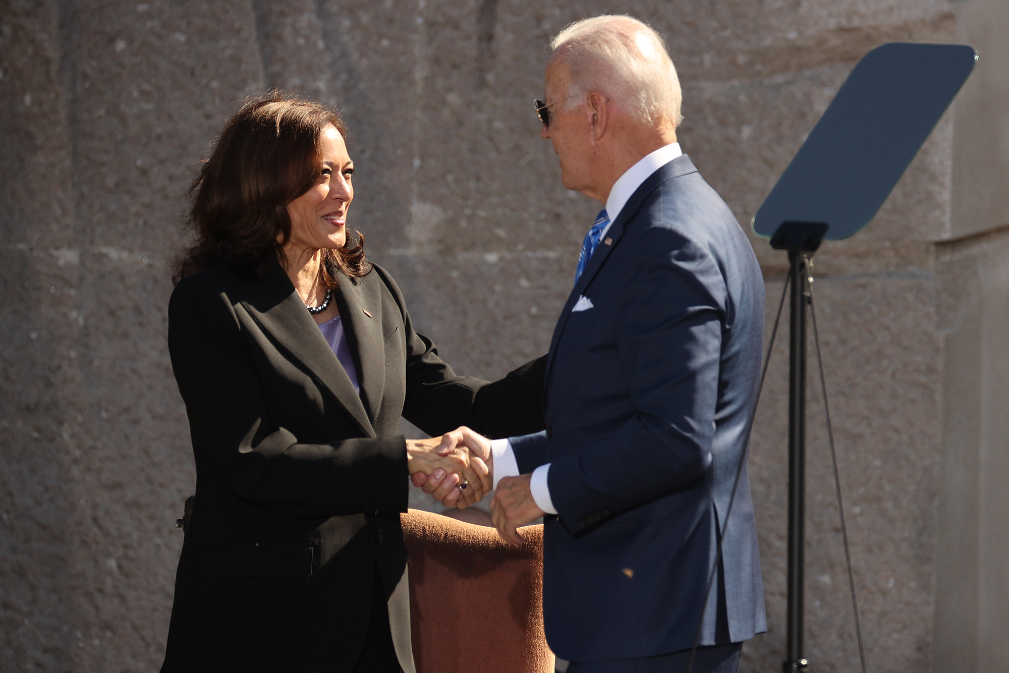 Kamala Harris and Joe Biden shake hands.