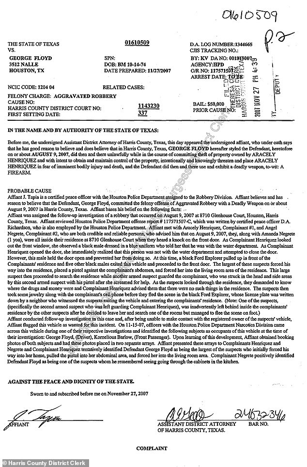 The final straw for Floyd came after serving five years in prison in 2009 for aggravated assault stemming from a robbery where he entered a woman’s home, pressed a gun into her stomach and searched the home for drugs and money, according to court records (pictured)