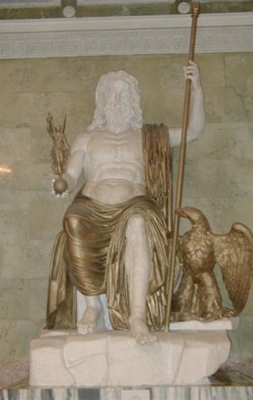 A Roman Seated Zeus, marble and bronze (restored), following the type established by Phidias and what he should have looked like at the Temple at Olympia. (Hermitage Museum, Saint Petersburg).