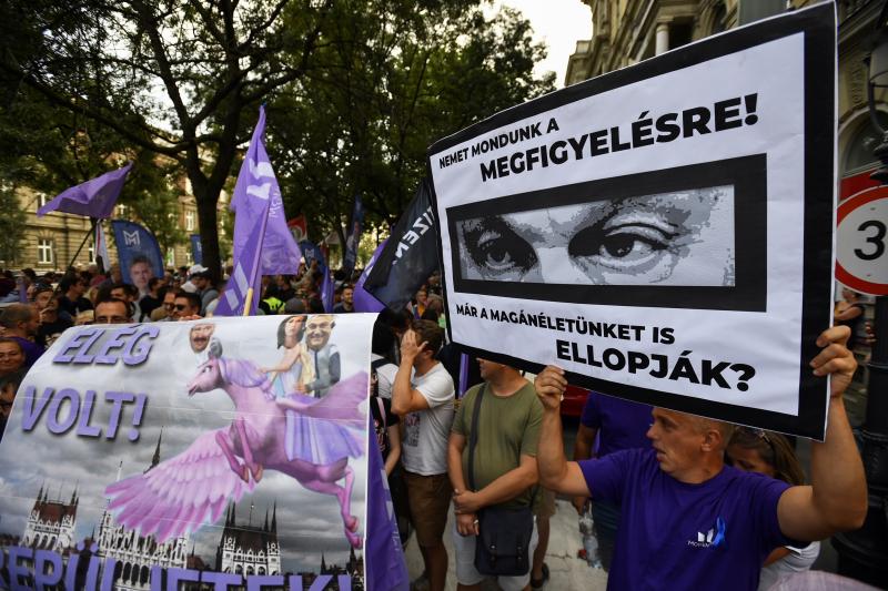 A protest against the Hungarian government's use of Pegasus spyware, Budapest, Hungary, July 2021