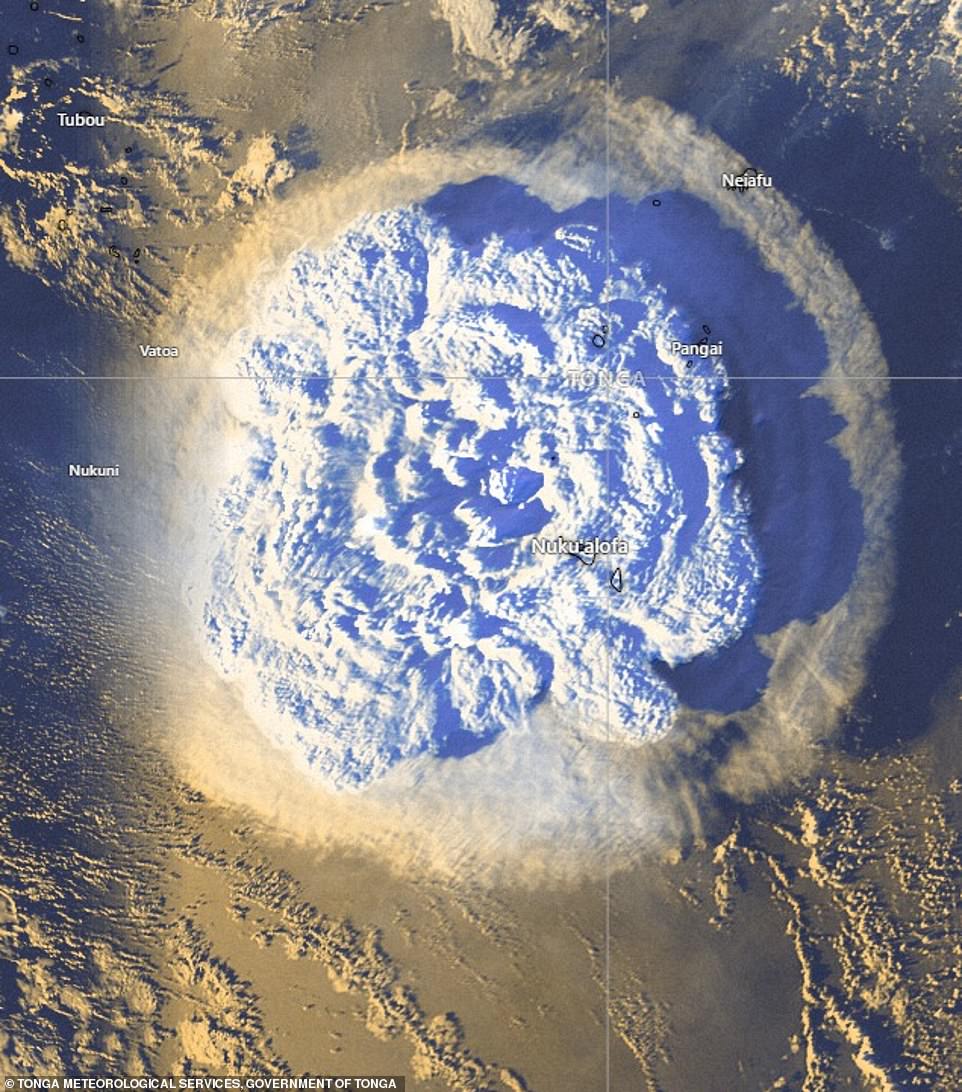 Dramatic official aerial maps showed the eruption cloud over Tonga after the Hunga-Tonga-Hunga-Ha'apai volcanco erupted. Pictured: Satellite images of the volanic eruption in the Pacific Ocean on Saturday
