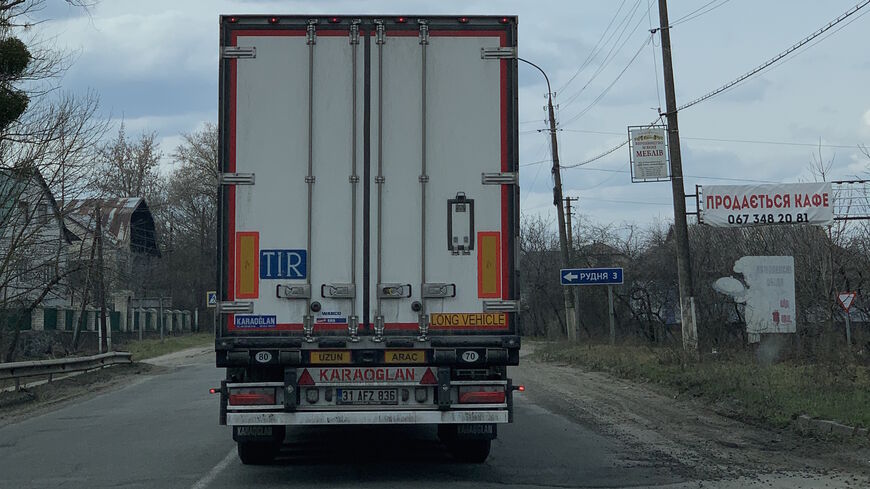 A Turkish truck carrying commercial goods on the road between Kyiv and Khmelnitsky, southwest Ukraine, April 3, 2021. (Amberin Zaman/Al-Monitor)
