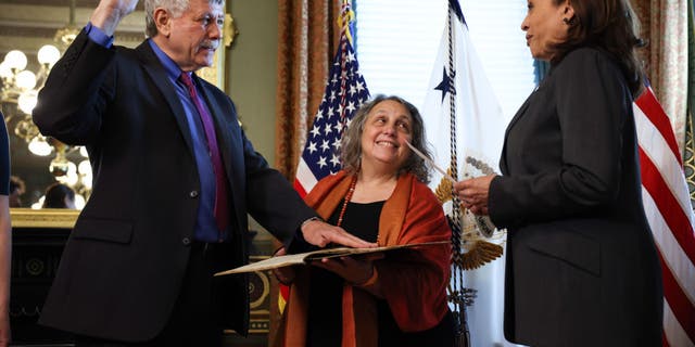 Eric Lander participates in a swearing-in ceremony with U.S. Vice President Kamala Harris in her ceremonial office in the Eisenhower Executive Office Building on June 2, 2021, in Washington, D.C. (Anna Moneymaker via Getty Images)