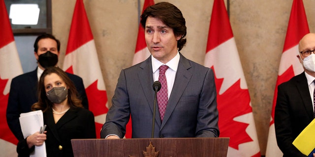 Canada's Prime Minister Justin Trudeau comments on the ongoing truckers mandate protest during a news conference on Parliament Hill in Ottawa, Canada on February 14, 2022.